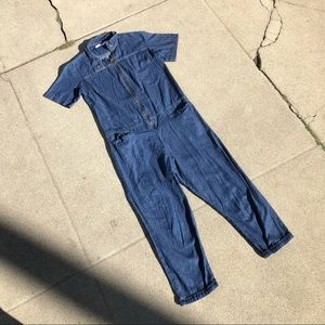 Selva/Negra blue denim zip up short sleeve cropped jumpsuit
